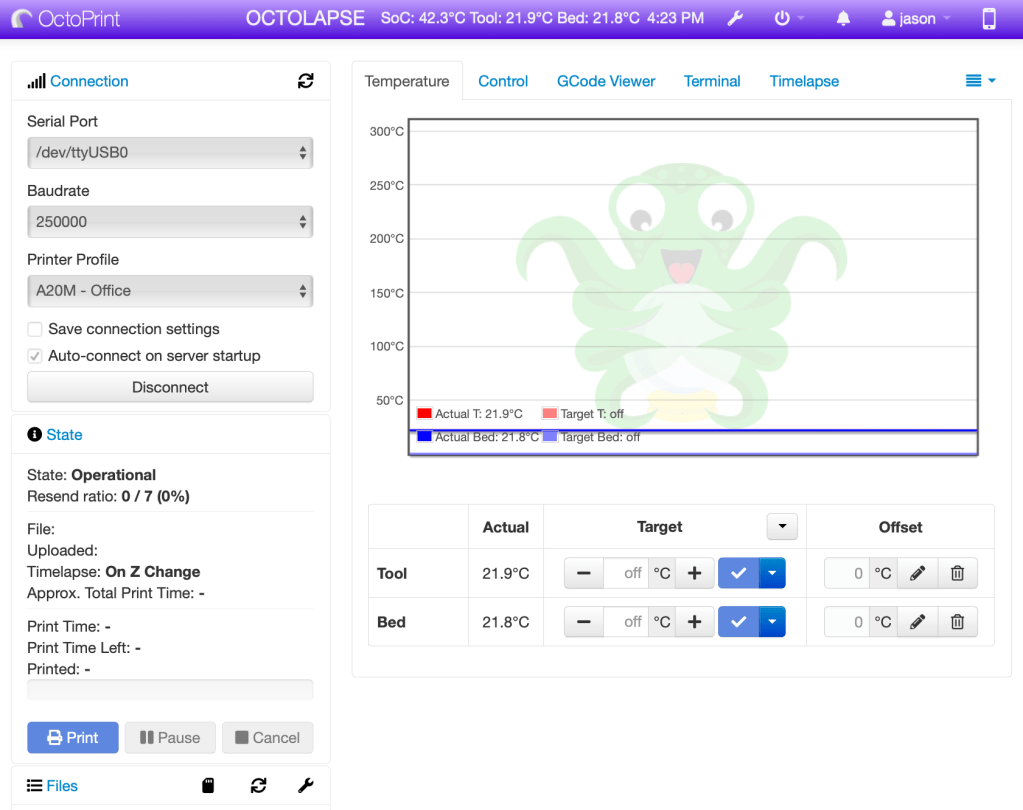 OctoPrint Interface when Connected to 3D Printer.