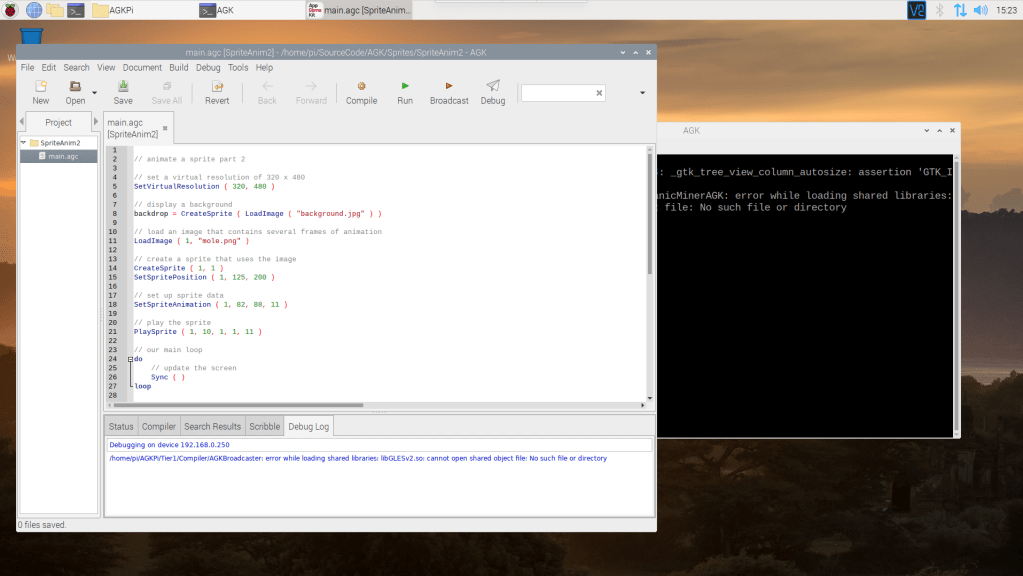 Typical Error shown when trying to run an AGK Project on Raspberry Pi 