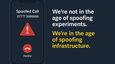 Smartphone screen showing an incoming spoofed call from the fake number 07777 999999, accompanied by a red warning triangle and the text: “We’re not in the age of spoofing experiments. We’re in the age of spoofing infrastructure.”