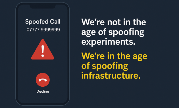 Smartphone screen showing an incoming spoofed call from the fake number 07777 999999, accompanied by a red warning triangle and the text: “We’re not in the age of spoofing experiments. We’re in the age of spoofing infrastructure.”