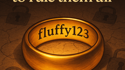 Golden ring engraved with the password "fluffy123", surrounded by a warm glow and the phrase "One password to rule them all".