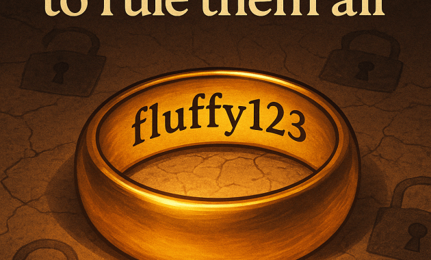 Golden ring engraved with the password "fluffy123", surrounded by a warm glow and the phrase "One password to rule them all".