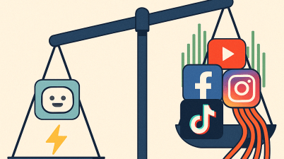 A digital balance scale weighing a glowing AI chatbot on one side and icons for streaming and social media platforms like YouTube and TikTok on the other, symbolising the debate over digital energy consumption.