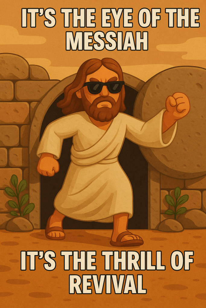 Claymation Jesus exits the tomb raising a defiant fist, with “It’s the Eye of the Messiah” at the top and “It’s the Thrill of Revival” at the bottom.