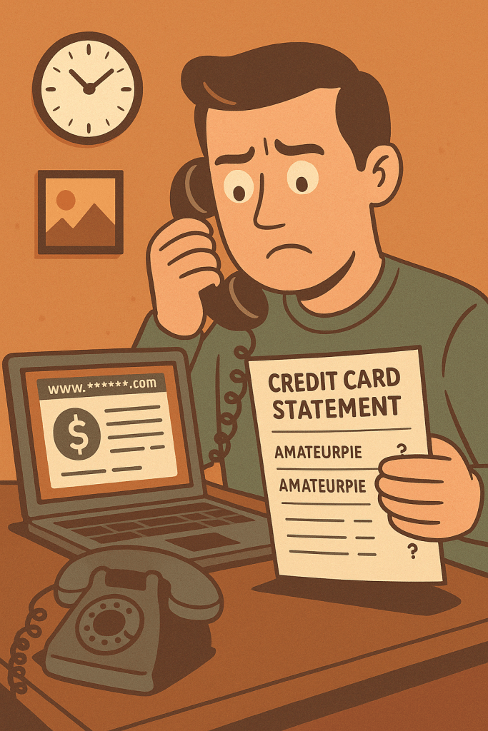 A frustrated man at a desk holding a dispute form, surrounded by paperwork, a rotary phone, and a credit card statement.