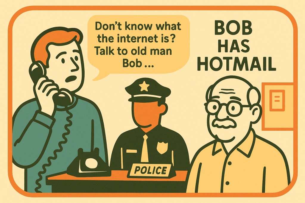 A friendly, older police officer behind a cluttered desk with a computer showing the Hotmail login screen.