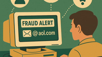 A retro-styled 1990s home office with a person at a glowing PC, surrounded by cables, a credit card, and a detective-style corkboard of clues.