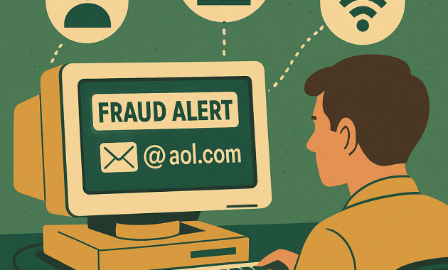 A retro-styled 1990s home office with a person at a glowing PC, surrounded by cables, a credit card, and a detective-style corkboard of clues.