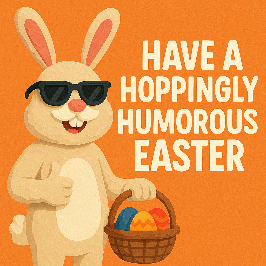 Claymation-style Easter Bunny wearing sunglasses, holding a basket of colourful eggs, with the text “Have a Hoppingly Humorous Easter.”