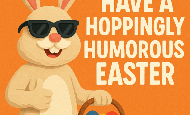 Claymation-style Easter Bunny wearing sunglasses, holding a basket of colourful eggs, with the text “Have a Hoppingly Humorous Easter.”