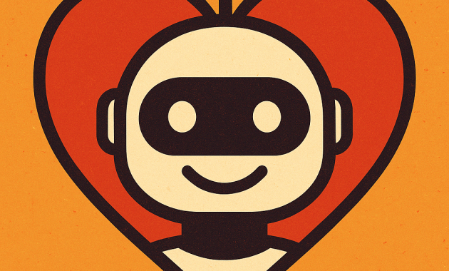 Smiling robot face inside a heart shape on a warm orange background, symbolising empathy and human connection in AI.