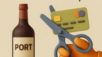 Illustration of a student shop assistant behind a counter, calling in a suspicious credit card using a wall phone, with a bottle of Port and a credit card on the counter.