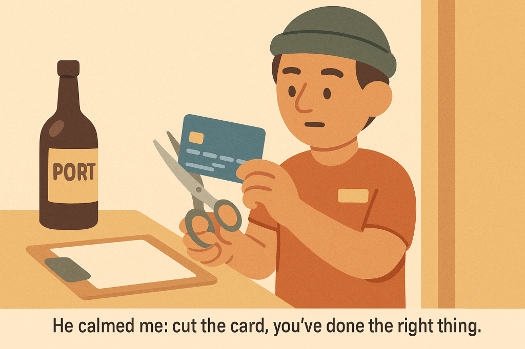 Illustration of a student shop worker cutting a credit card in half while a calm older customer gently steadies his hand, with a bottle of Port nearby.