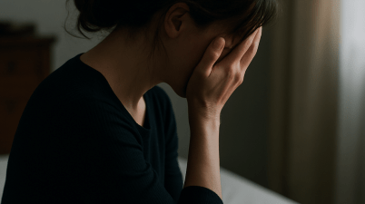 A grieving woman sits on the edge of a bed with her face covered by her hand, partially turned away in a moment of private sorrow.