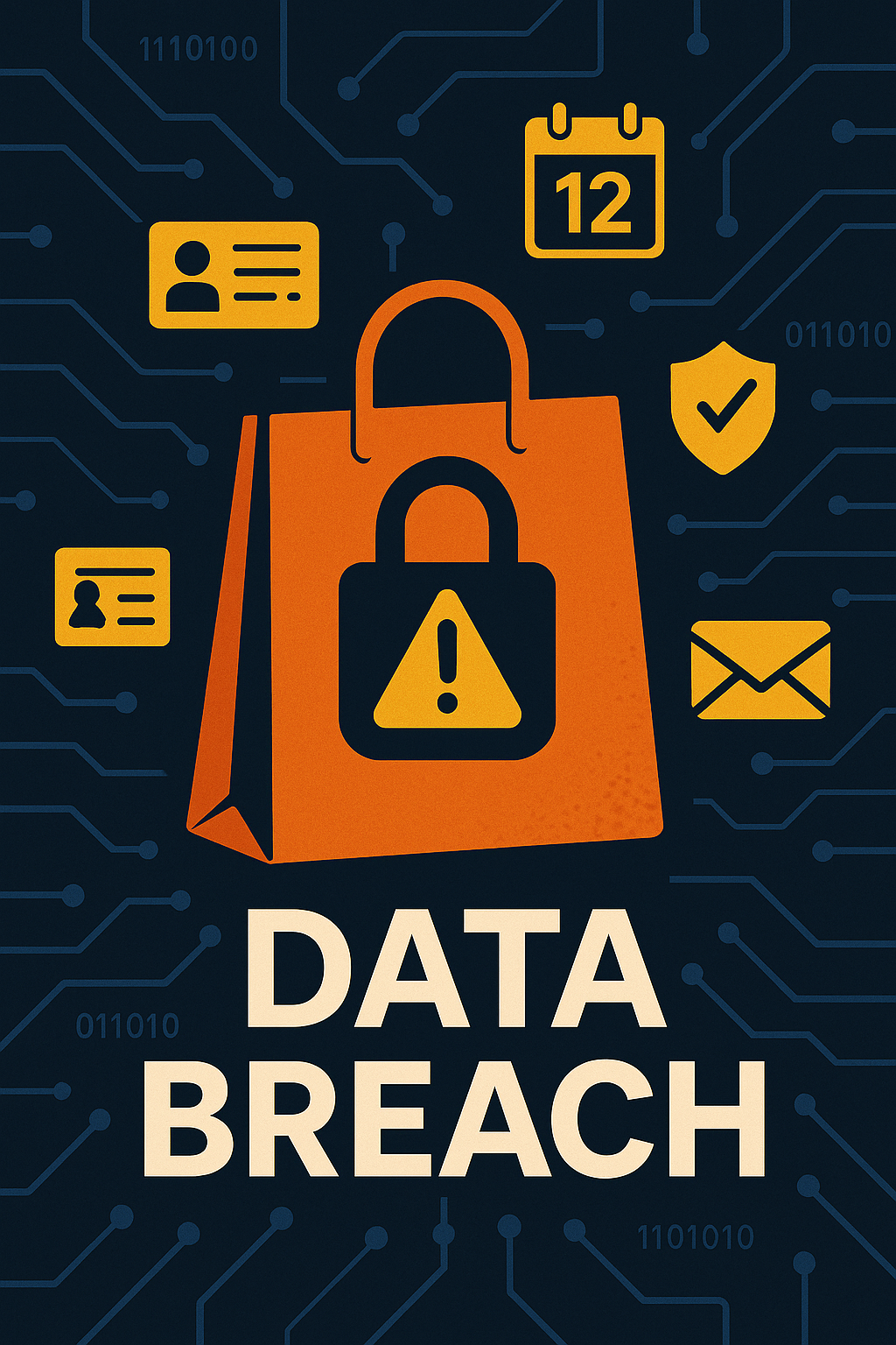 Flat-style digital illustration of a shopping bag with a padlock and warning symbol, representing a data breach. Surrounded by icons symbolising personal data, including an ID card, calendar, envelope, and shield ... against a dark circuit-board background.