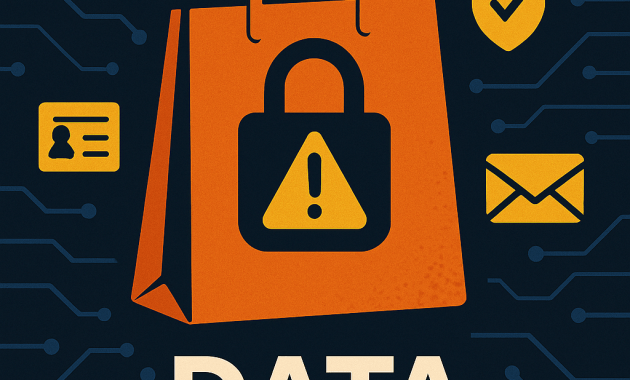 Flat-style digital illustration of a shopping bag with a padlock and warning symbol, representing a data breach. Surrounded by icons symbolising personal data, including an ID card, calendar, envelope, and shield ... against a dark circuit-board background.