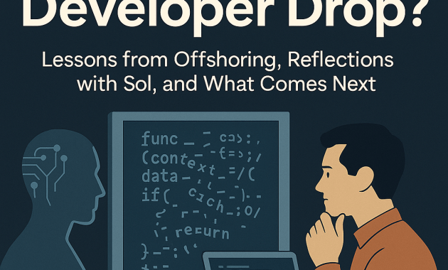 Stylised illustration of a developer and an AI figure examining distorted code in a mirror, representing reflection and accountability in AI-assisted software development.