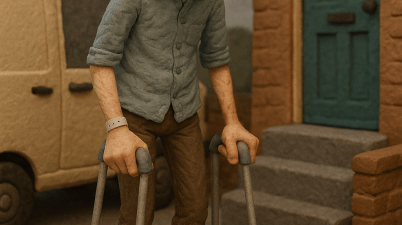 A claymation-style scene featuring a tall patient with crutches standing unsteadily in a sterile hospital corridor. A nurse looks away, disinterested, while a discharge checklist floats mid-air, half-complete. The patient's face shows anxiety and exhaustion.