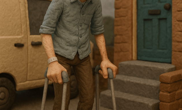 A claymation-style scene featuring a tall patient with crutches standing unsteadily in a sterile hospital corridor. A nurse looks away, disinterested, while a discharge checklist floats mid-air, half-complete. The patient's face shows anxiety and exhaustion.