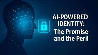Digital illustration of a human head silhouette with a blue wireframe pattern, a glowing padlock icon, and the title “AI-Powered Identity: The Promise and the Peril”, symbolising the benefits and dangers of AI-driven identity systems.