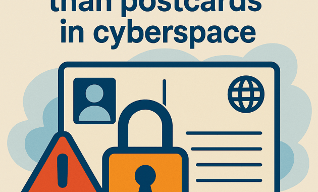 Flat vector illustration of a postcard with a warning triangle and padlock, symbolising the risks of emailing personal data without encryption