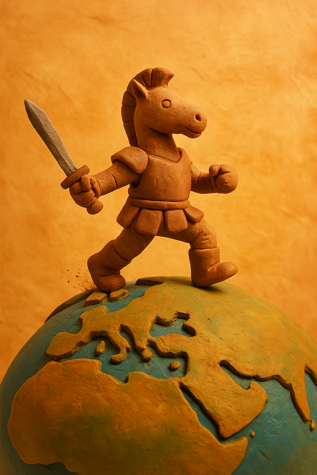 Claymation knight figure walking across a sculpted globe with continents below, representing a world-spanning take on the Knight’s Tour puzzle.