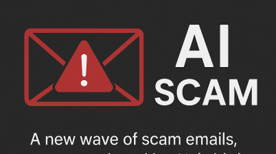 Digital graphic with a red warning icon and the words “AI Scam” highlights the surge in AI-generated scam emails and offers tips for recognising phishing attempts.