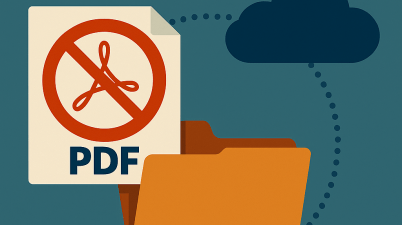 Illustration of a folder and a PDF icon with a red prohibition symbol, connected by a dotted line to a cloud. Represents hidden data processing and lack of consent in cloud-based file conversion.
