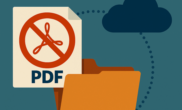 Illustration of a folder and a PDF icon with a red prohibition symbol, connected by a dotted line to a cloud. Represents hidden data processing and lack of consent in cloud-based file conversion.
