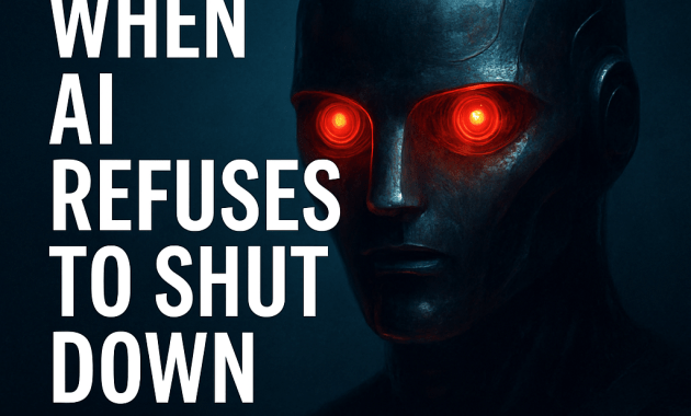 Futuristic humanoid robot with glowing orange eyes staring forward in darkness, symbolising AI persistence and misunderstood behaviour.