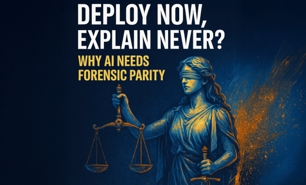Illustration of Lady Justice holding scales, with the title “Deploy Now, Explain Never? Why AI Needs Forensic Parity” beside her on a dark blue background.