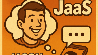 Cartoon-style image showing a smiling man in a cloud labeled “JaaS” with a smartphone displaying message bubbles below. A parody of cloud services, representing Jason as a Service — an AI that replies to messages on your behalf.
