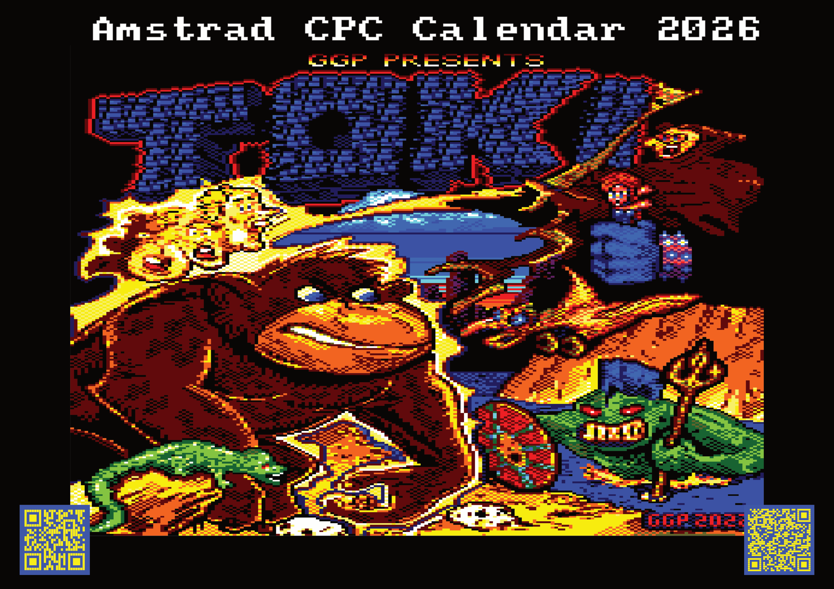 Amstrad CPC Calendar 2026 cover: vibrant pixel art scene from “Toki,” showing a cartoon ape, dragon, and colourful retro elements. Includes project title and QR codes in the corners.