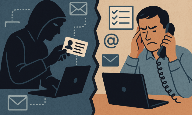 This illustration portrays the emotional and practical impact of data theft. On the left, a cybercriminal uses stolen identity information, while on the right, the victim is left to deal with confusion, stress, and digital fallout. It visually represents the core theme of the article: breaches don’t just expose data—they damage lives. Suitable for posts addressing data privacy, breach restitution, or cybercrime awareness.