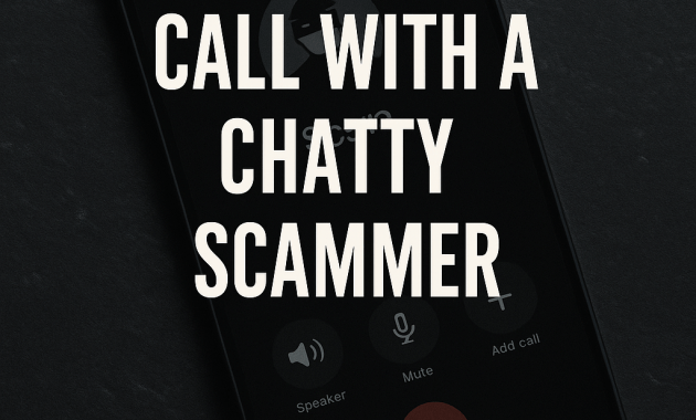 A smartphone screen showing an active call interface, overlaid with bold white text that reads: “My 20-Minute Call With a Chatty Scammer”.