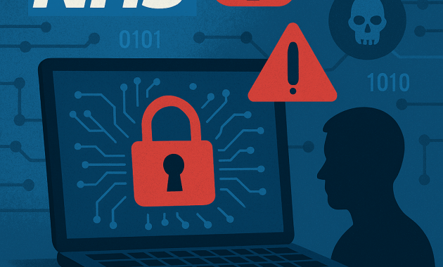 Illustration of NHS cybersecurity threats featuring a laptop with a red padlock, warning icons, binary code, and the NHS logo.