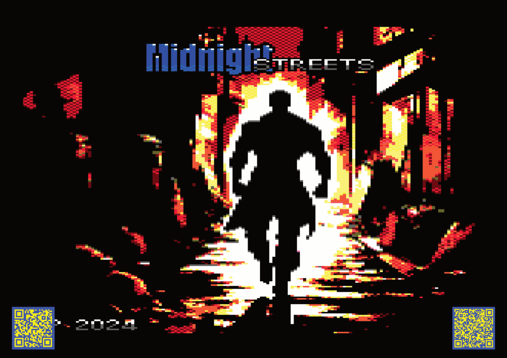 Silhouette of a lone figure walking through fiery backlit city streets in pixel art style.