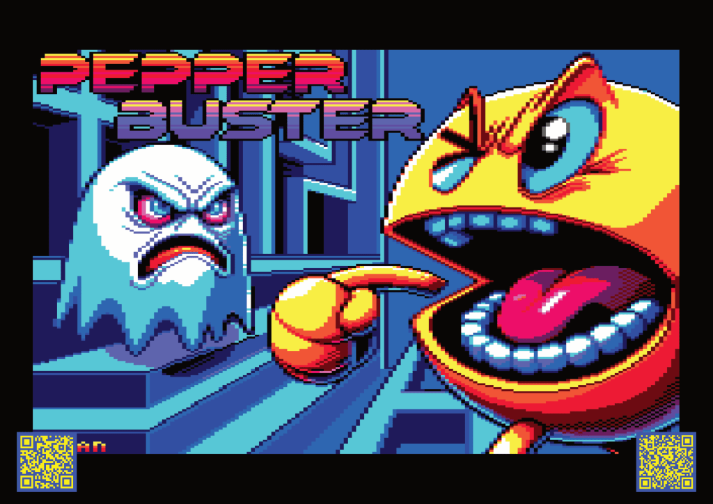 Pixel art parody of Pac-Man shouting at a ghost, reimagined in bold Amstrad CPC colour style.