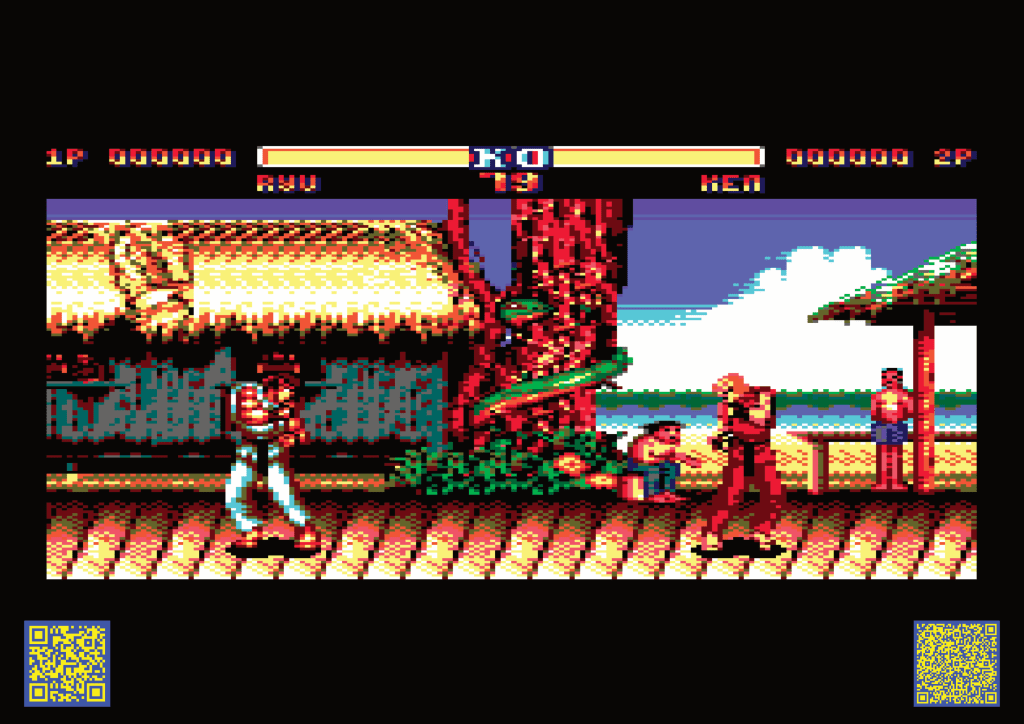 Pixel art of Ryu and Ken facing off in Street Fighter, recreated in Amstrad CPC palette.