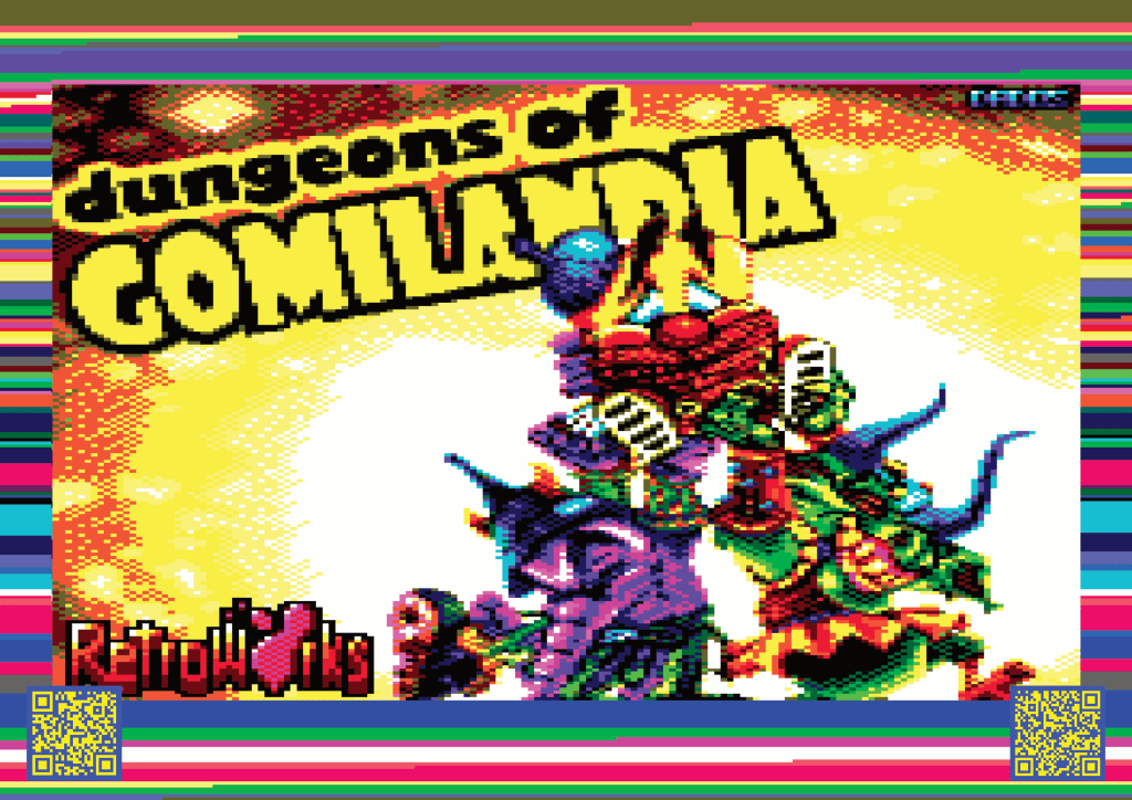 Bright pixel art cover for Dungeons of Gomilandia, featuring colourful monsters in Amstrad CPC palette.