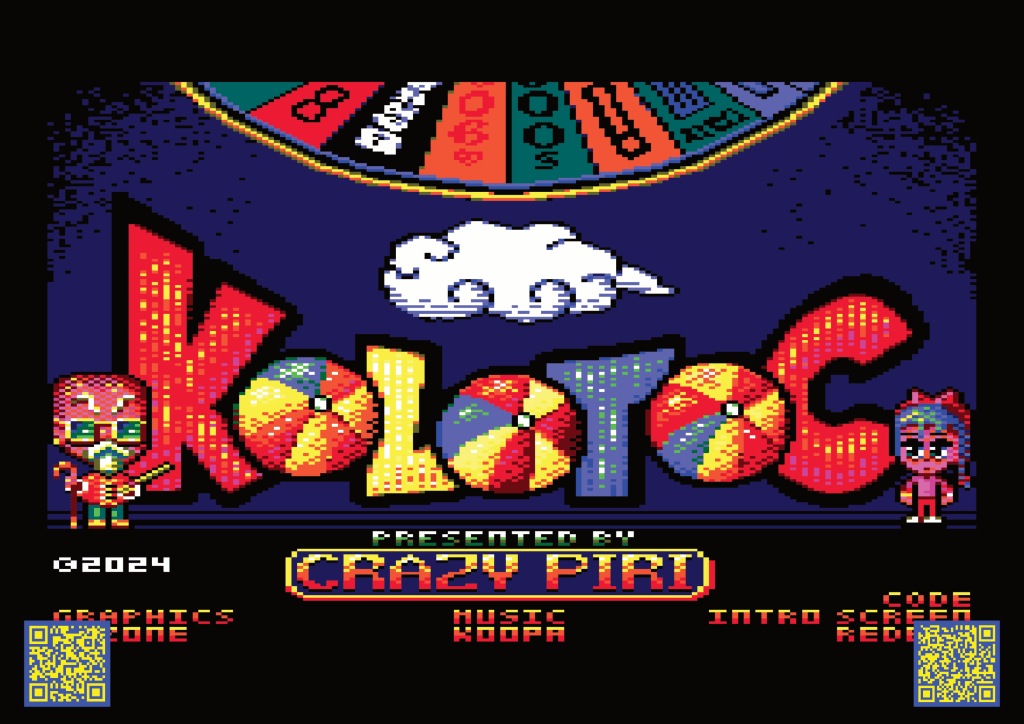 Colourful Amstrad CPC style pixel intro screen for Kolotoc, featuring cartoon characters and bright typography.