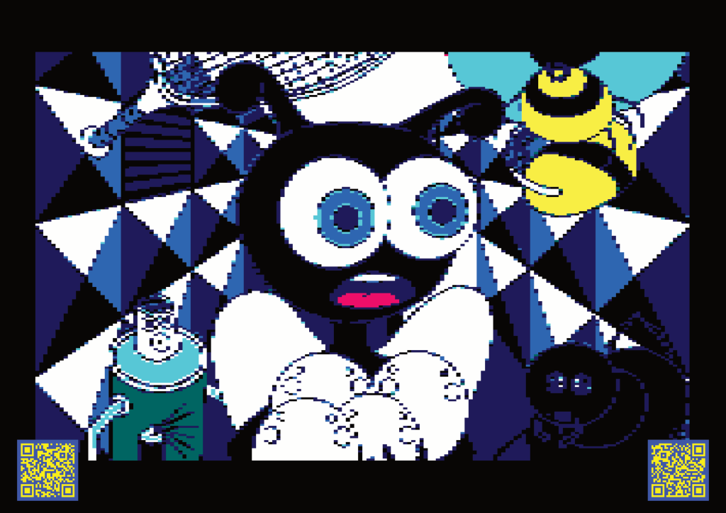 Surreal Amstrad CPC style pixel artwork of a wide-eyed character with bees and geometric backgrounds.