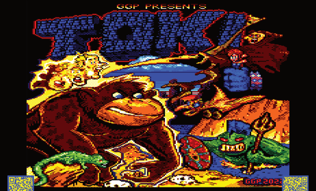 Cover of the Amstrad CPC Calendar 2026 featuring pixel art of Toki the ape, enemies, and retro fantasy elements.