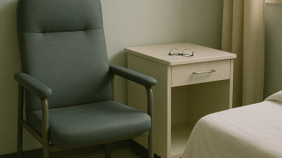 Empty hospital chair beside a bedside table with folded glasses, in a softly lit patient room.