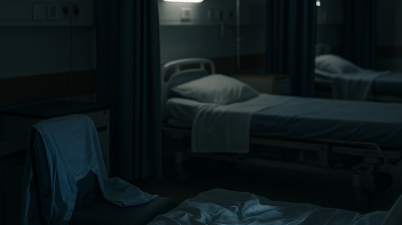 Dimly lit NHS hospital six bed bay at night with a glowing smartphone on a rumpled bed, suggesting a restless patient and constant phone calls.