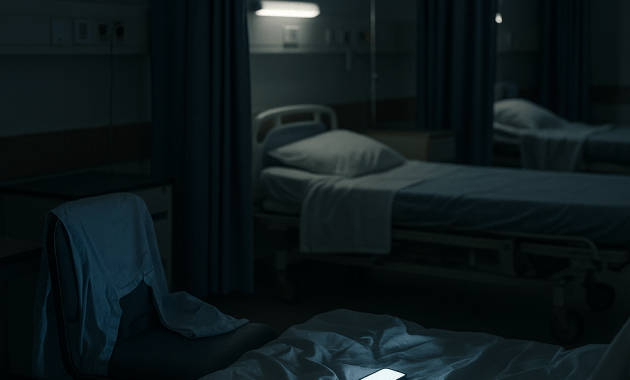 Dimly lit NHS hospital six bed bay at night with a glowing smartphone on a rumpled bed, suggesting a restless patient and constant phone calls.