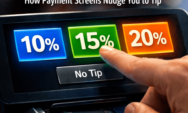 Payment terminal screen showing large buttons for 10%, 15%, and 20% tips with a smaller “No Tip” option, illustrating dark pattern design in tipping prompts.