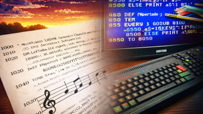 Amstrad CPC computer displaying BASIC code for a music compiler, alongside printed code and musical notes, illustrating retro 8-bit sound programming.