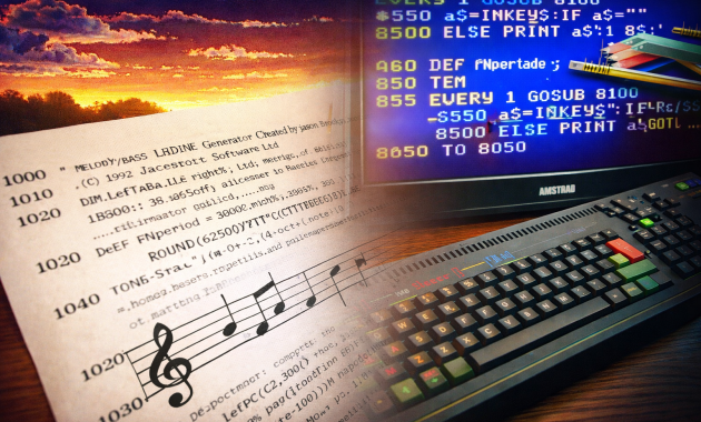 Amstrad CPC computer displaying BASIC code for a music compiler, alongside printed code and musical notes, illustrating retro 8-bit sound programming.
