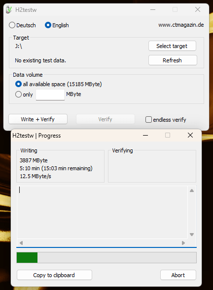 Example image of h2testw running on Windows.
